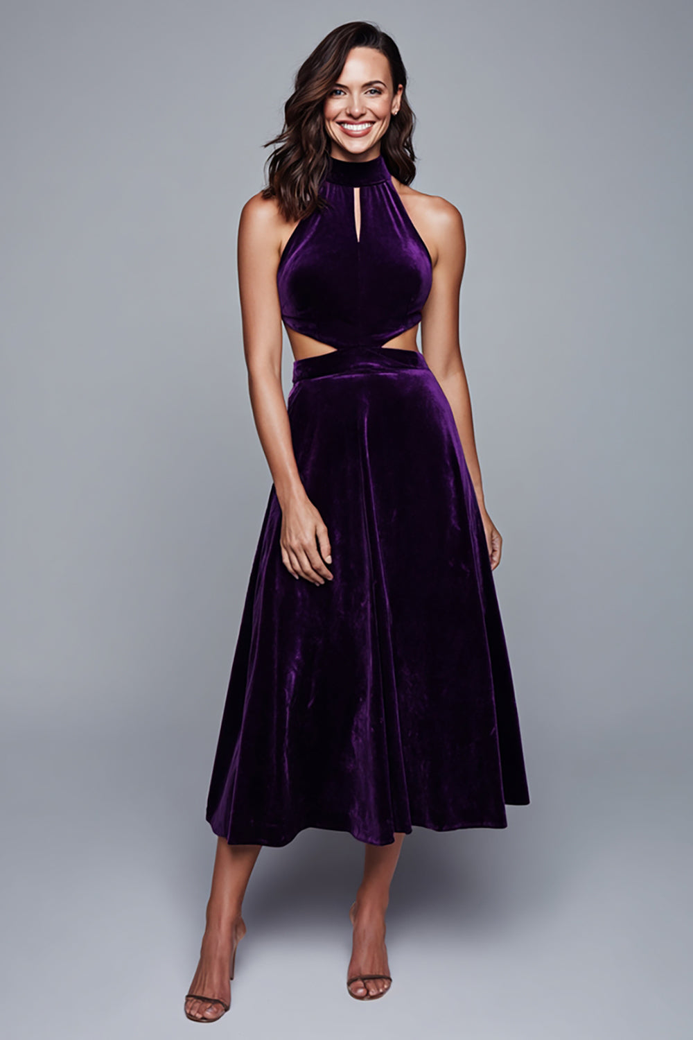 Plum Velvet Halter Cut-Out A-Line Midi Holiday Party Dress