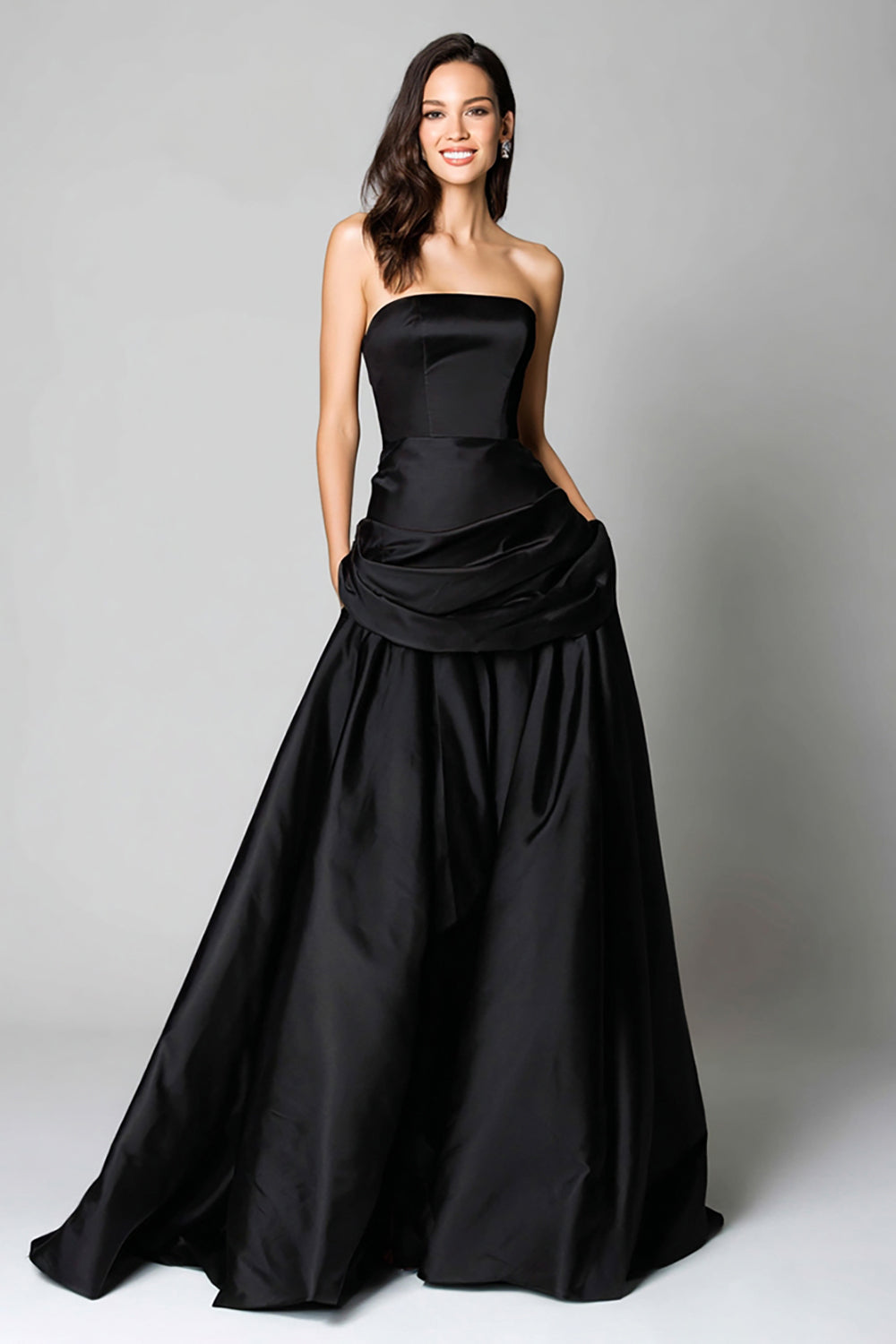 Black Strapless A-Line Ruched Long Satin Formal Dress