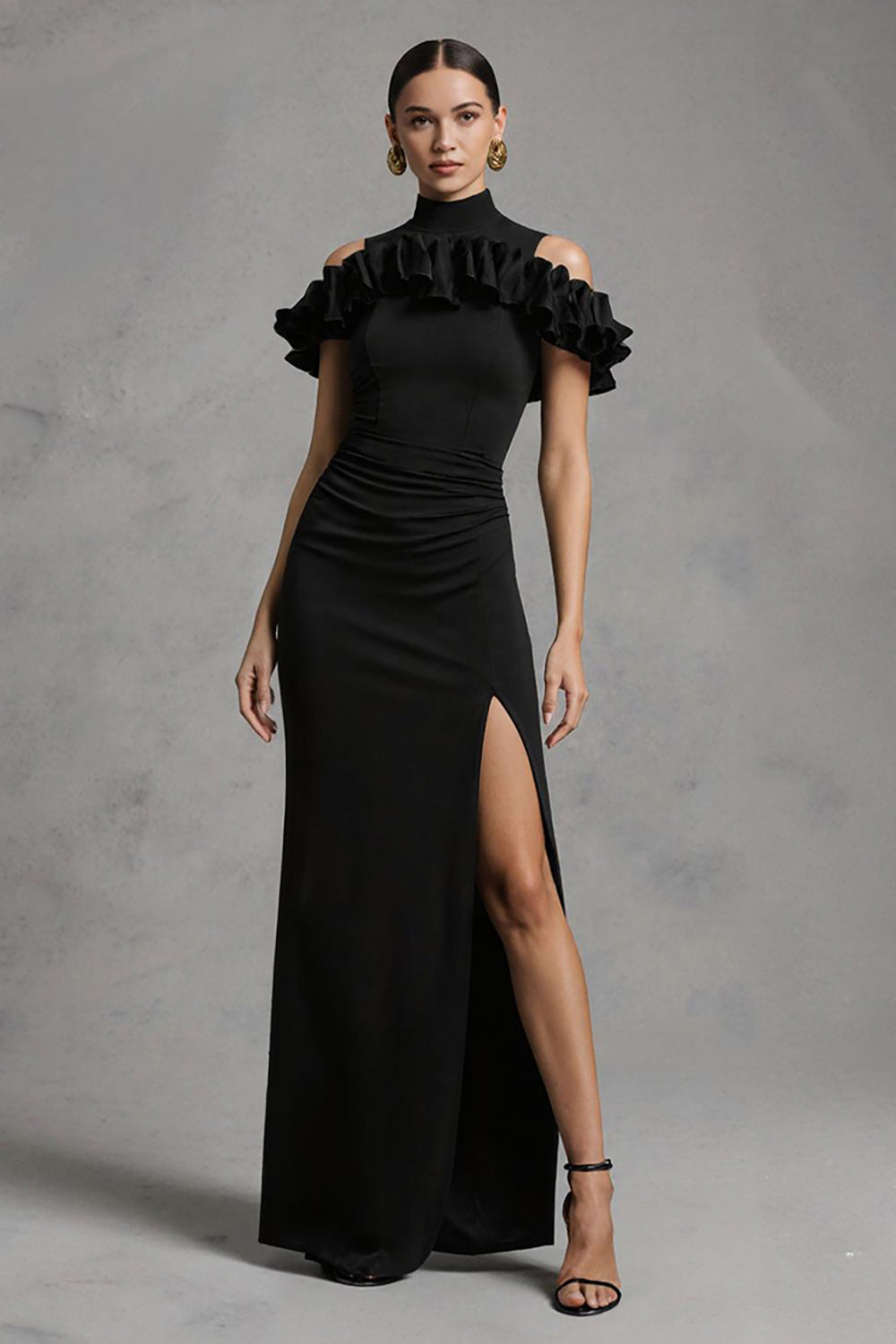 Black High Neck Mermaid Long Satin Formal Dress with Ruffles