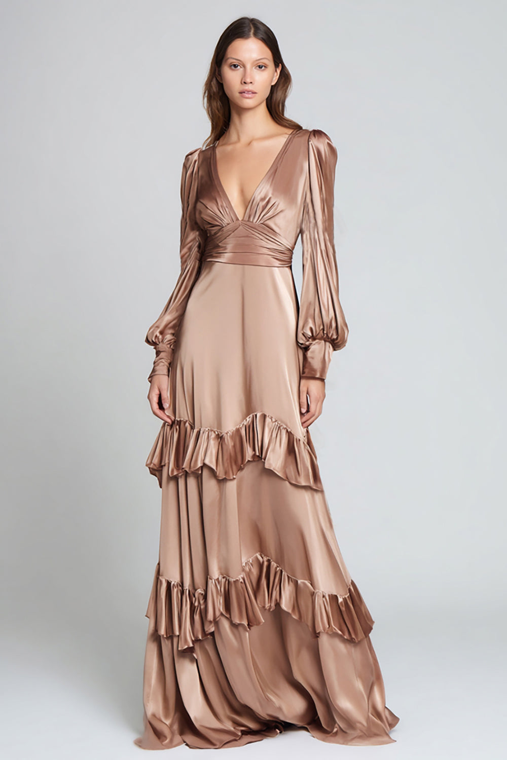 Light Brown V-Neck Satin A-Line Long Ruffled Formal Dress with Sleeves