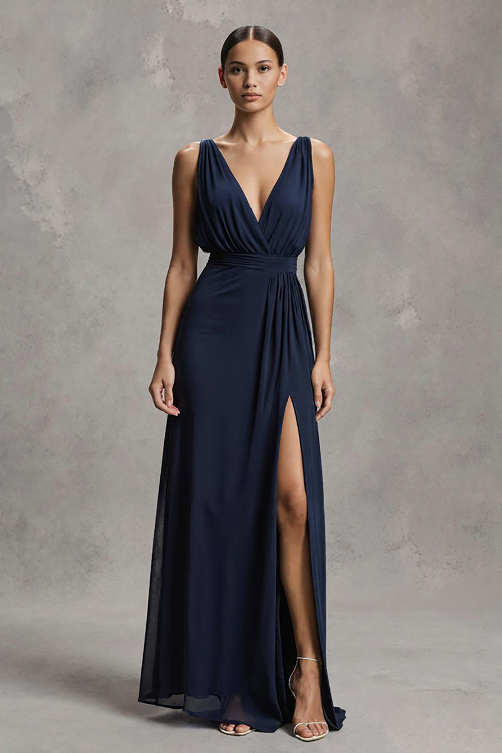Navy Deep V-Neck Chiffon Long Sheath Formal Dress with Slit