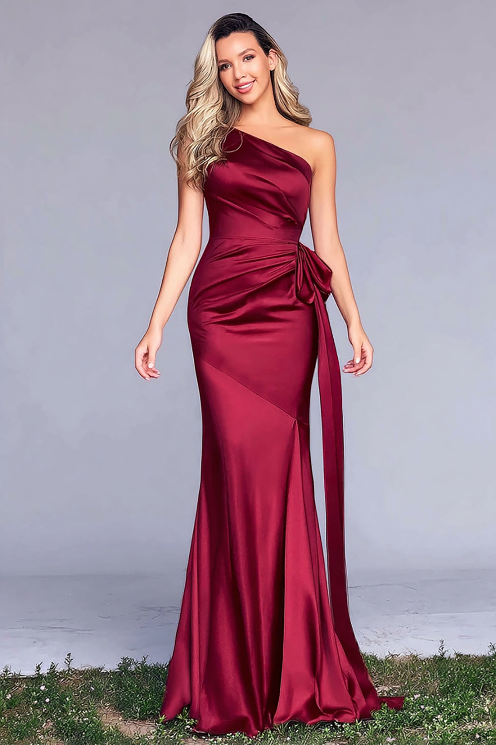Burgundy One Shoulder Mermaid Long Satin Formal Dress with Bow