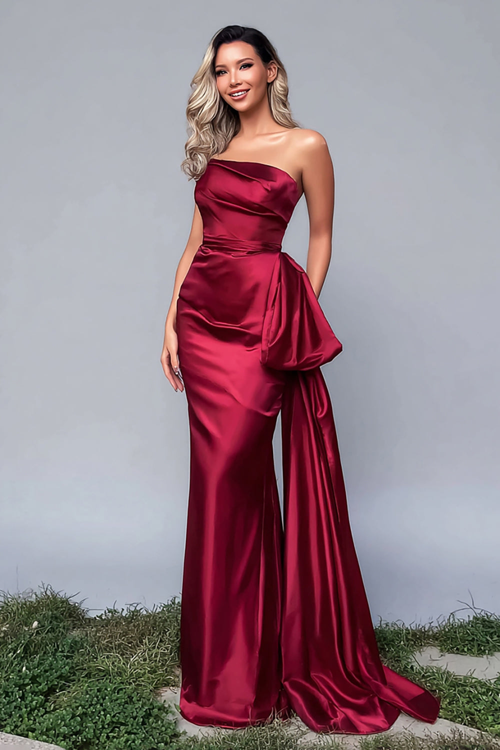 Burgundy Strapless Mermaid Long Satin Formal Dress with Side Cape