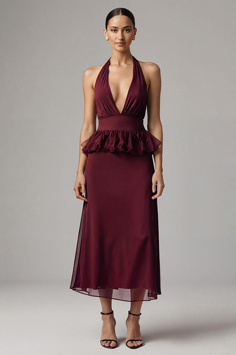 Burgundy Halter Sheath Chiffon Long Formal Dress with Ruffles