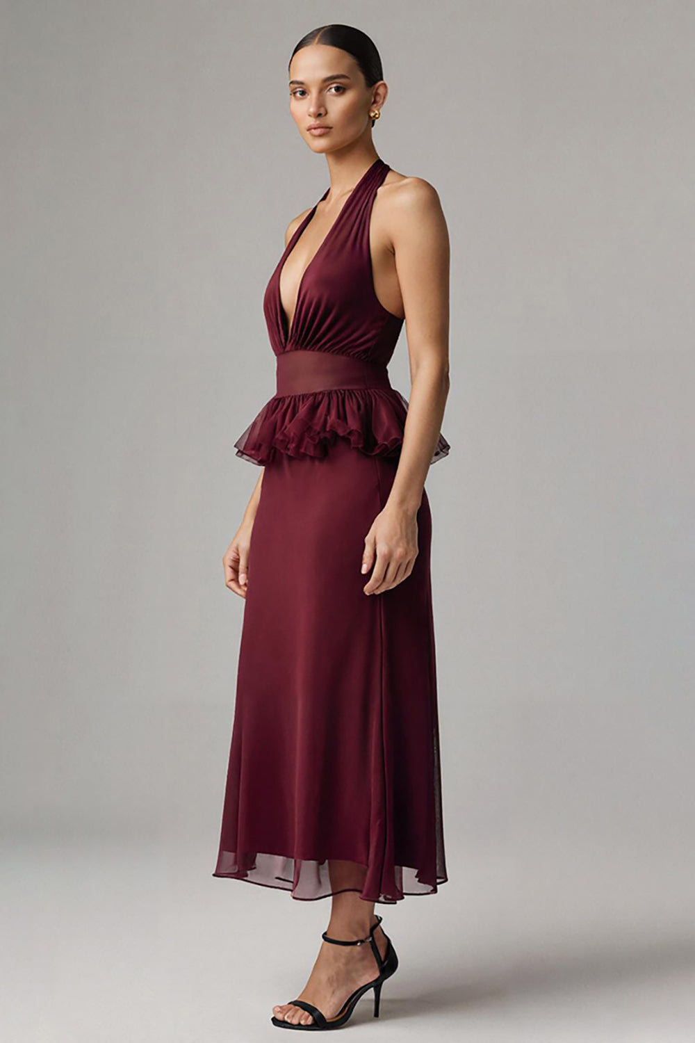 Burgundy Halter Sheath Chiffon Long Formal Dress with Ruffles