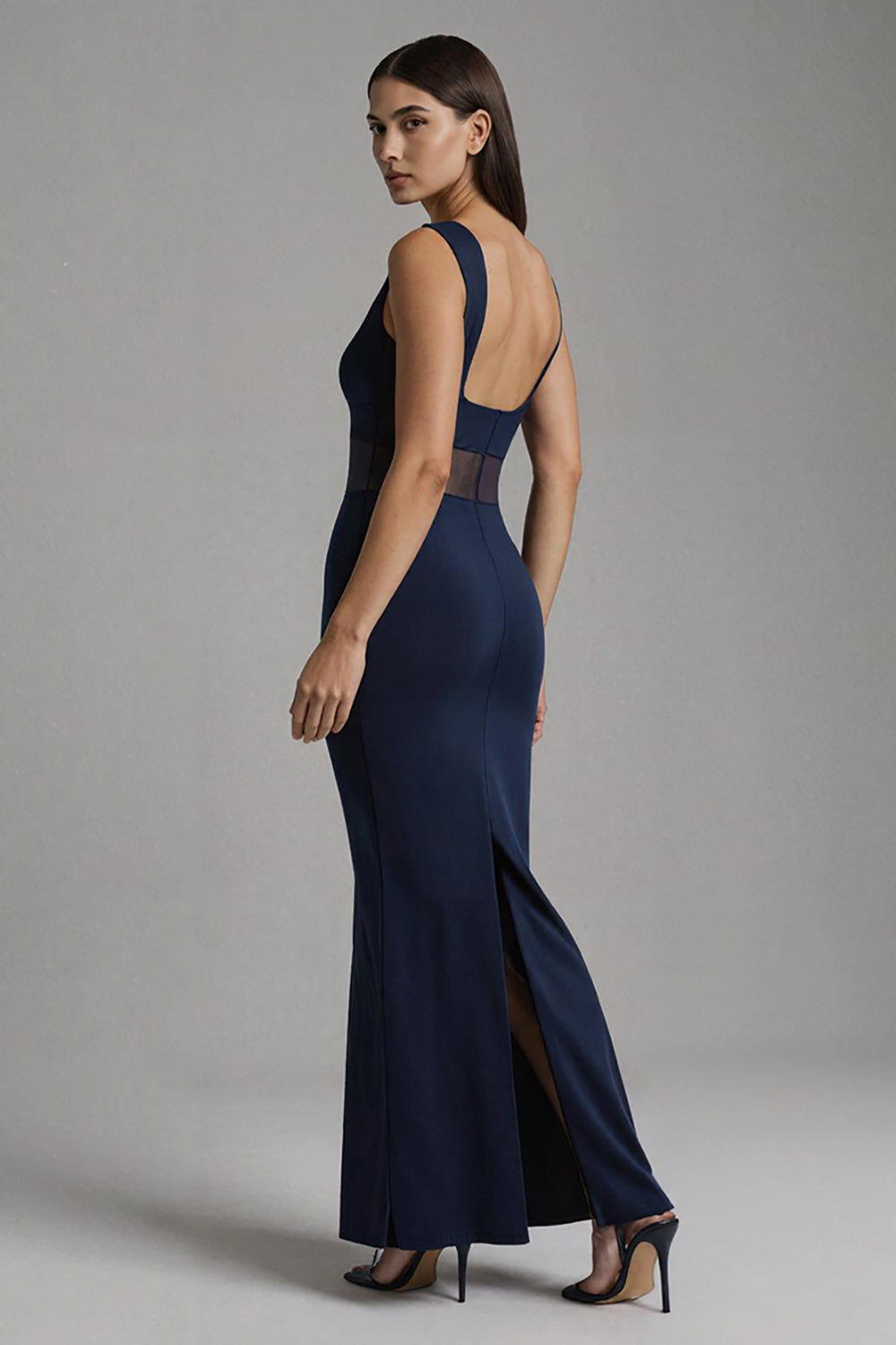 Simple Navy Boat Neck Mermaid Long Satin Formal Dress
