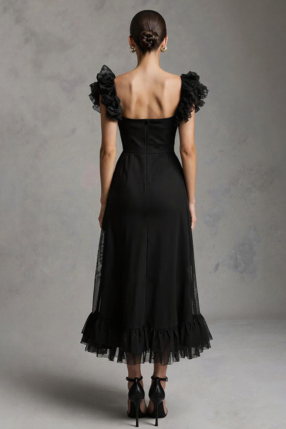 Black Square Neck A-Line Long Tulle Formal Dress with Ruffles