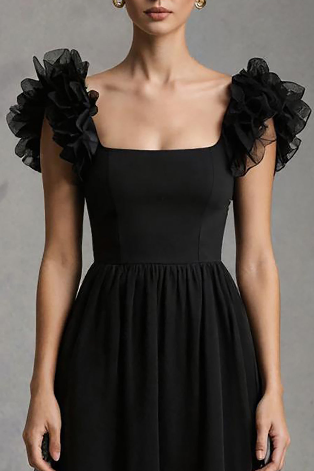 Black Square Neck A-Line Long Tulle Formal Dress with Ruffles