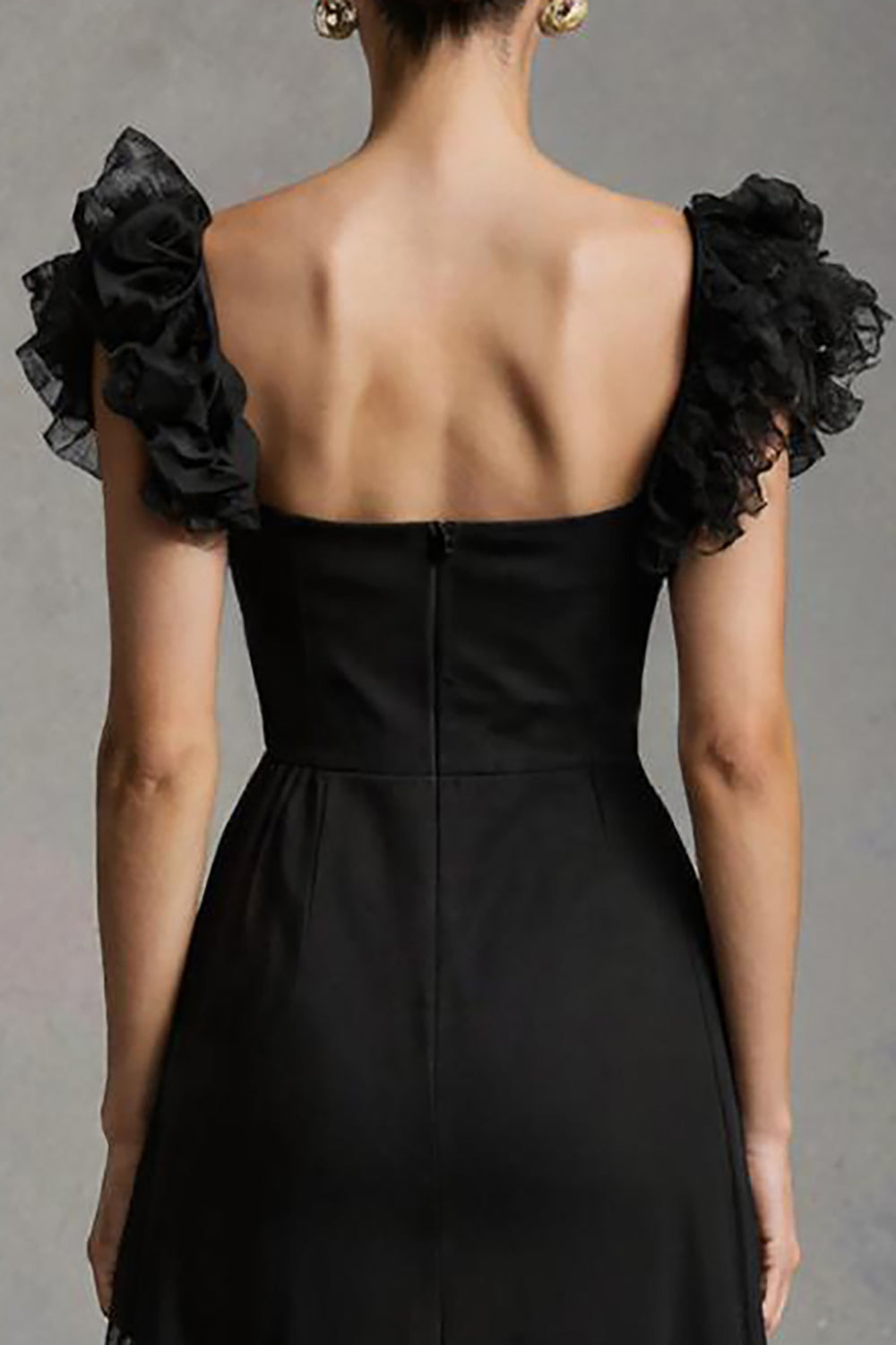 Black Square Neck A-Line Long Tulle Formal Dress with Ruffles