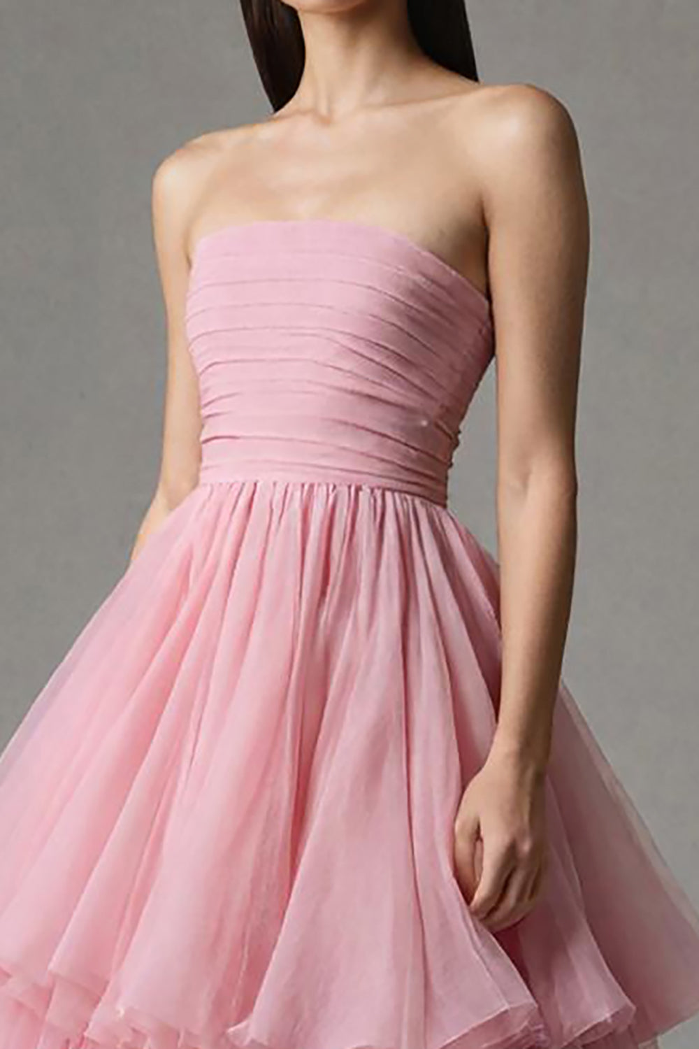 Pink Strapless A-Line Tulle Ruffled Long Prom Dress