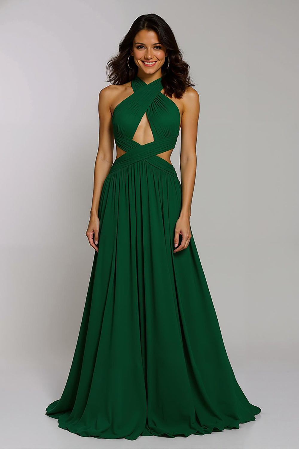 Dark Green Chiffon Cut-Out A-Line Long Halter Holiday Party Dress