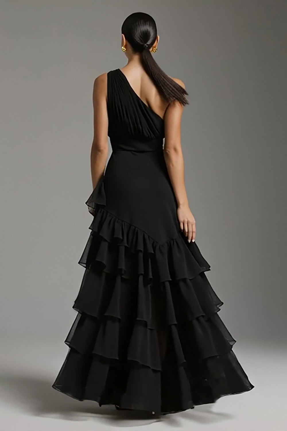 Black One Shoulder A-Line Ruffled Long Chiffon Formal Dress with Slit