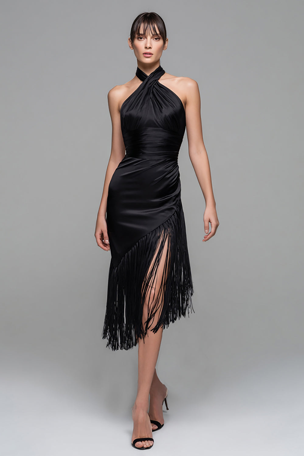 Black Halter Satin Midi Cocktail Dress with Fringes