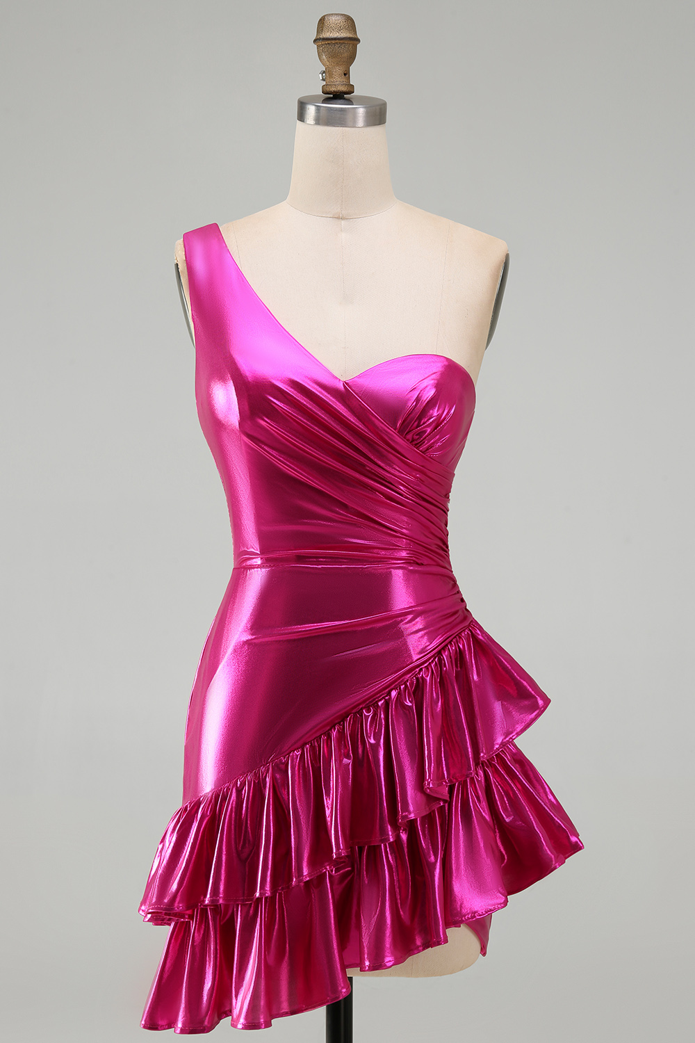 Metallic Gold One Shoulder Tight Short Cocktail Dress with Ruffles