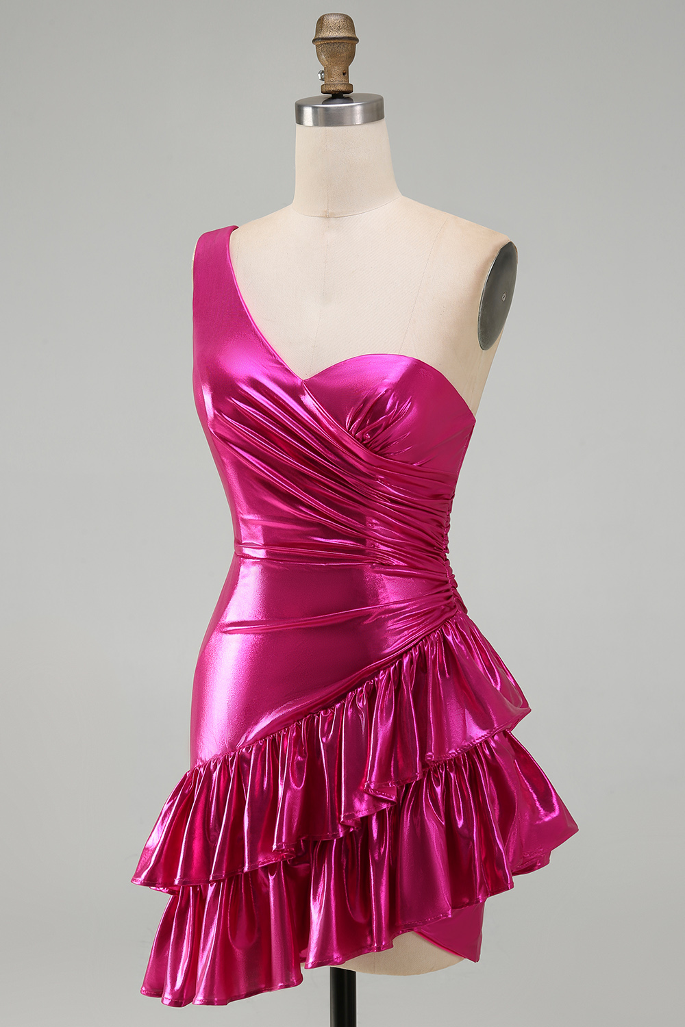 Metallic Gold One Shoulder Tight Short Cocktail Dress with Ruffles