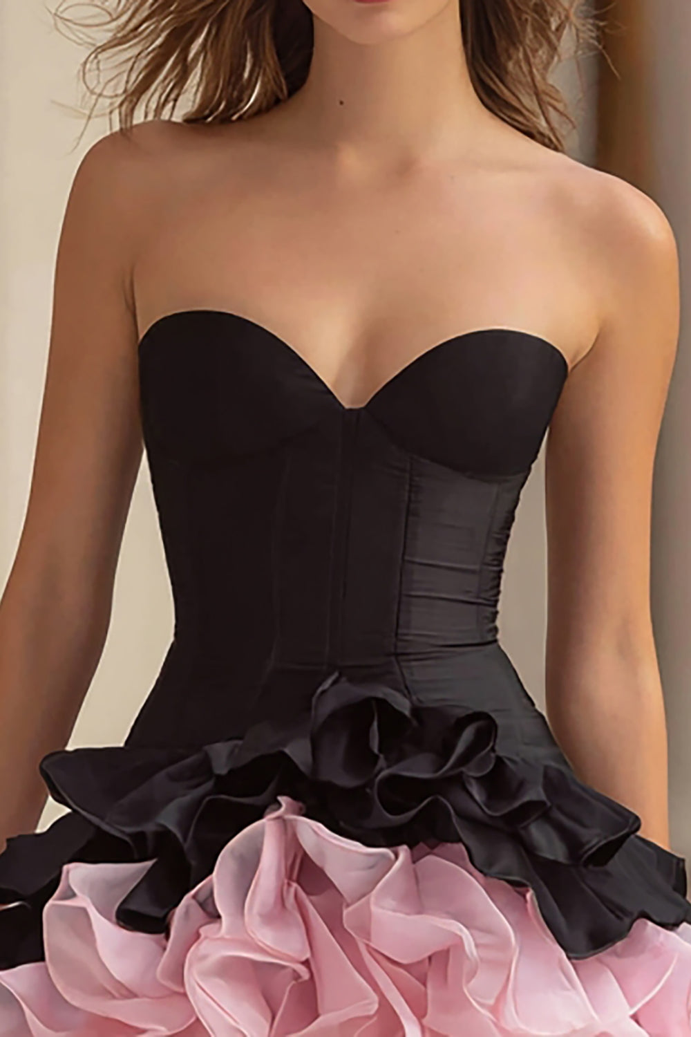 Black and Pink Satin A-Line Sweetheart Tiered Short Corset Cocktail Dress
