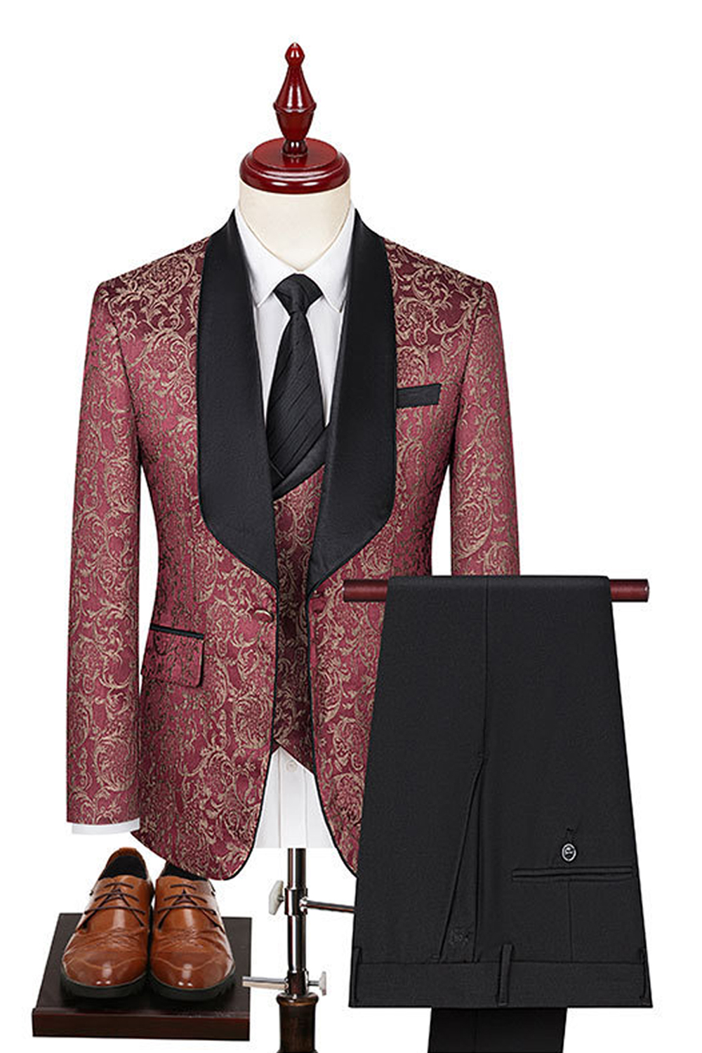 Dark Green 3 Piece Jacquard Shawl Lapel Prom Homecoming Men's Suits