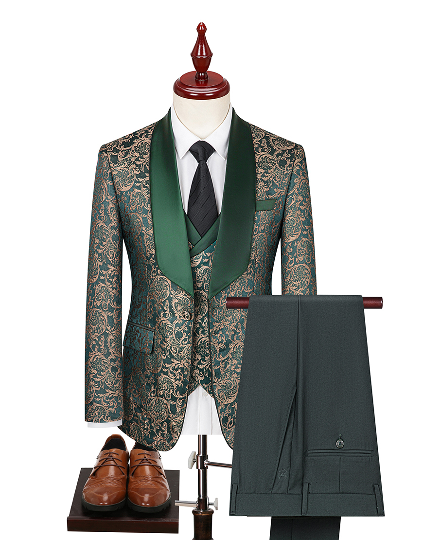 Dark Green 3 Piece Jacquard Shawl Lapel Prom Homecoming Men's Suits