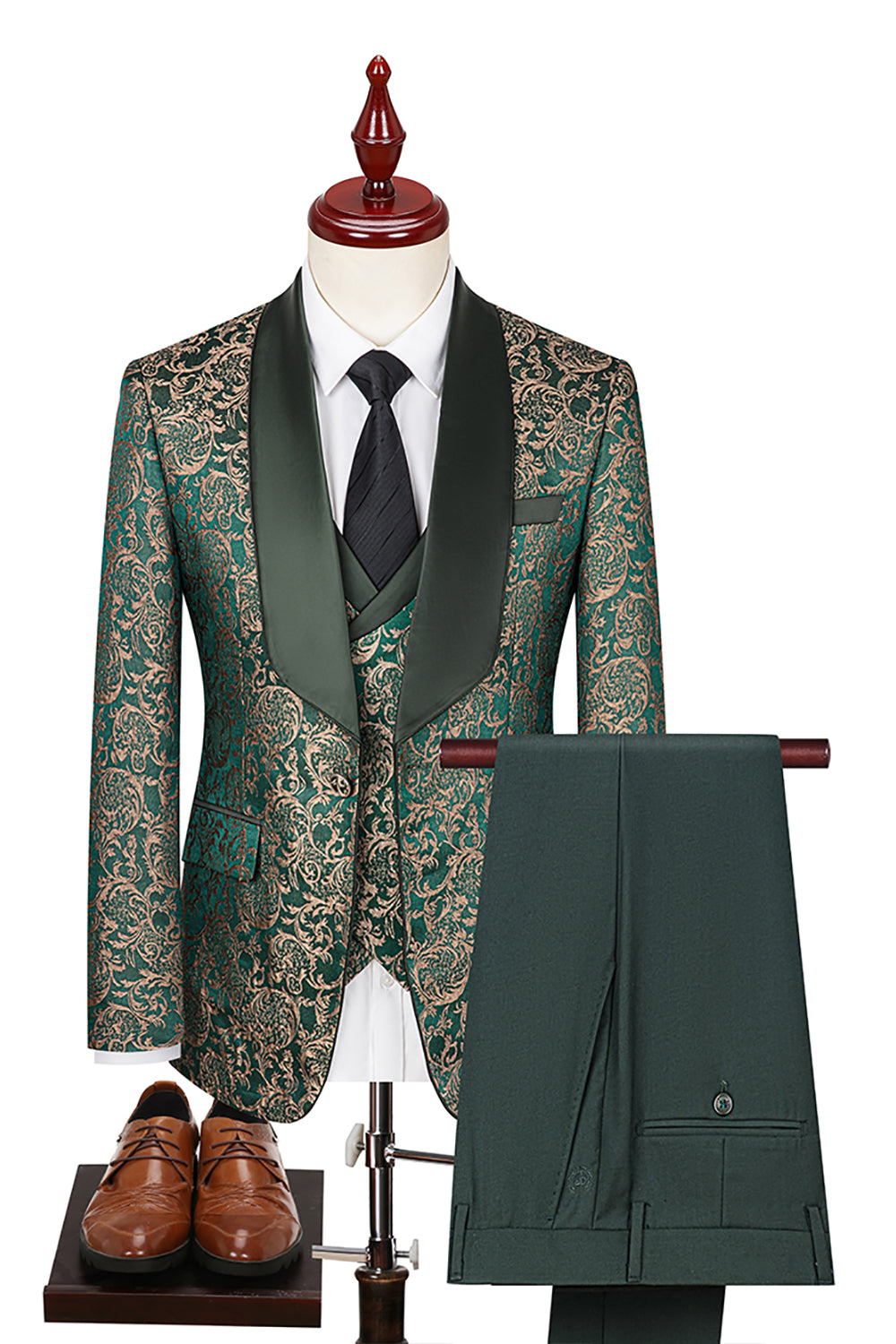 Dark Green 3 Piece Jacquard Shawl Lapel Prom Homecoming Men's Suits