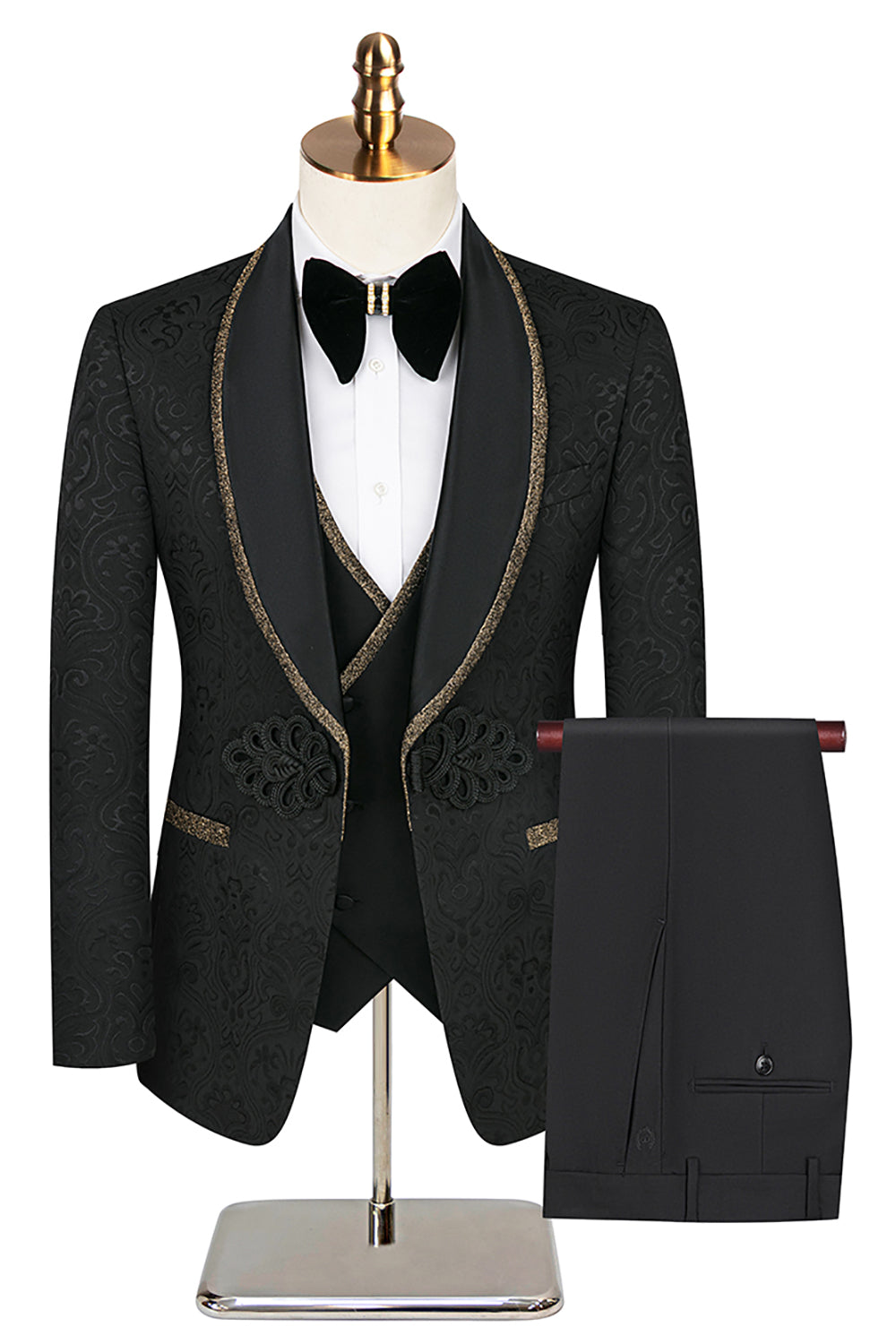 Black 3 Piece Shawl Lapel Jacquard Prom Homecoming Men's Suits
