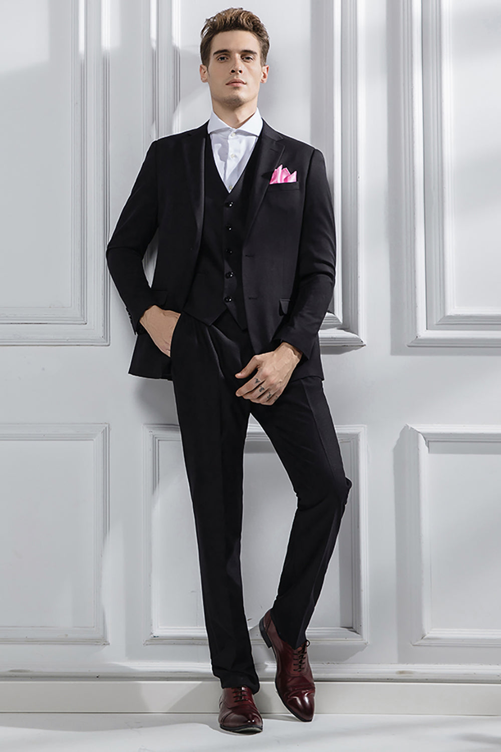 Black 3 Piece Notched Lapel Solid Prom Homecoming Men's Suits