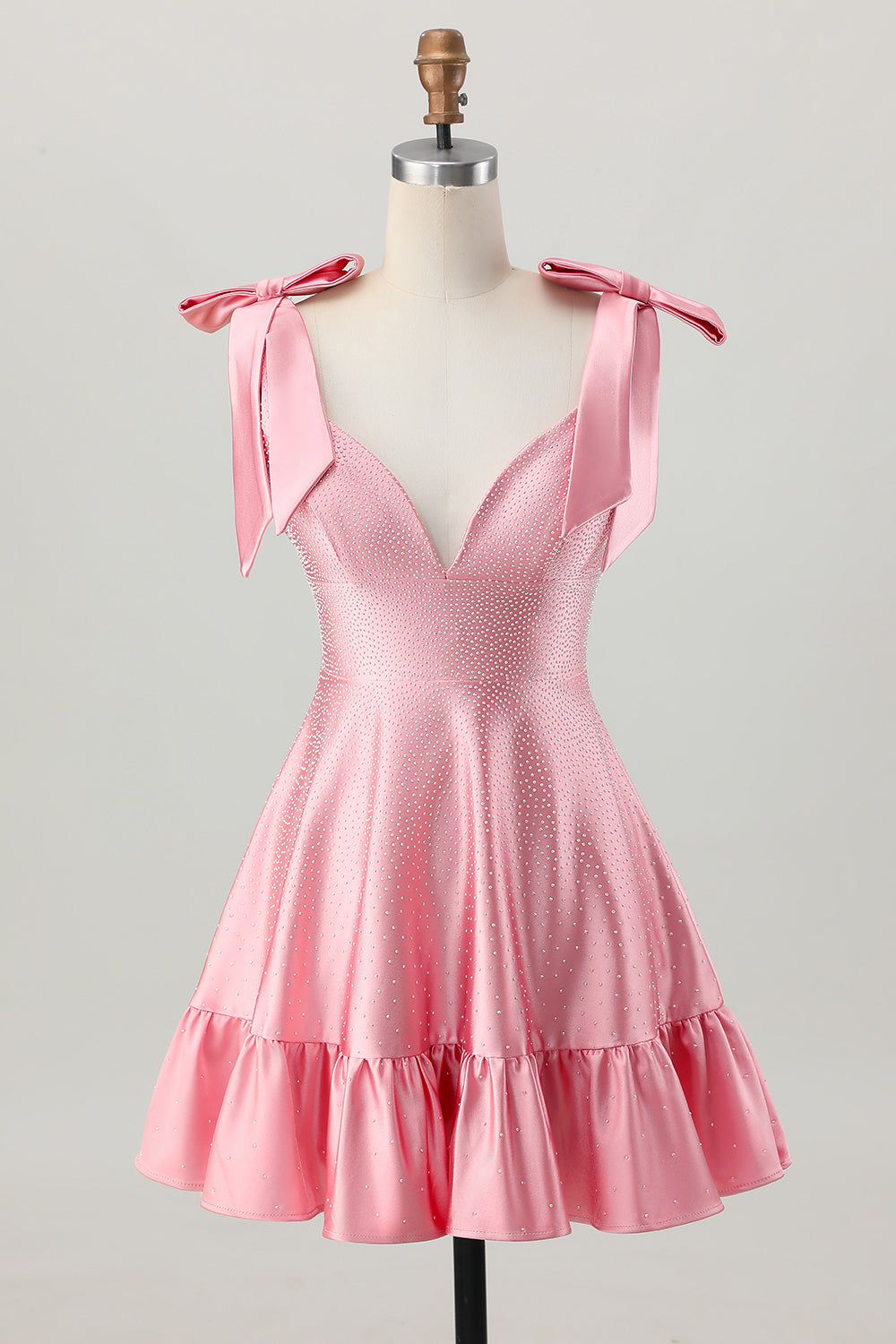 Sparkly Blush Pink A Line Short Satin Homecoming Dress with Bow