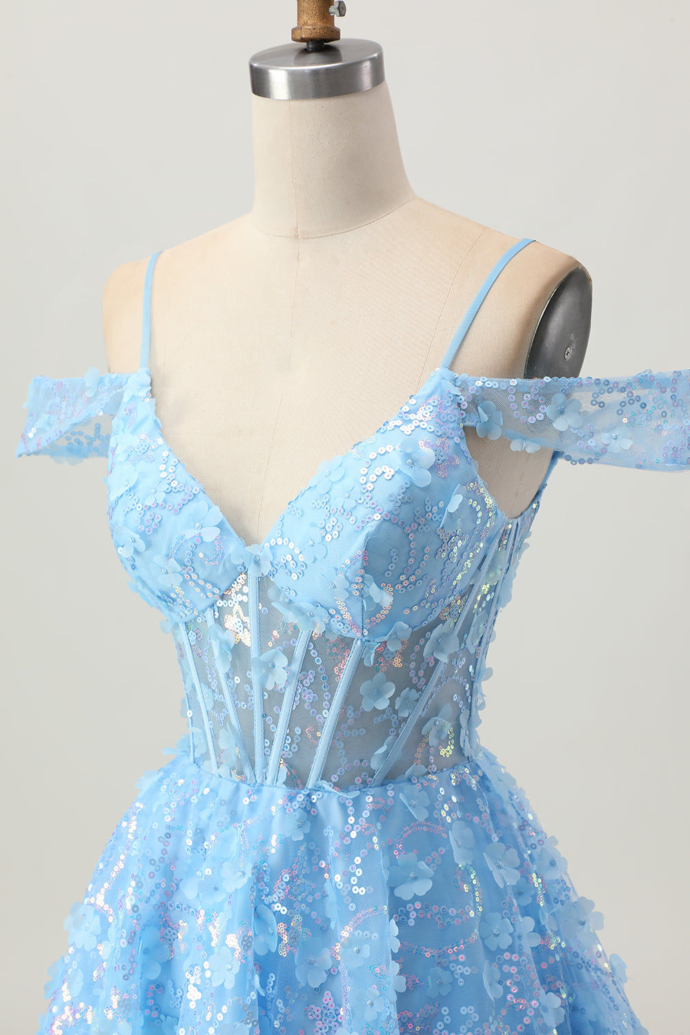 Floral Blue A Line Short Corset Homecoming Dress with Sequins