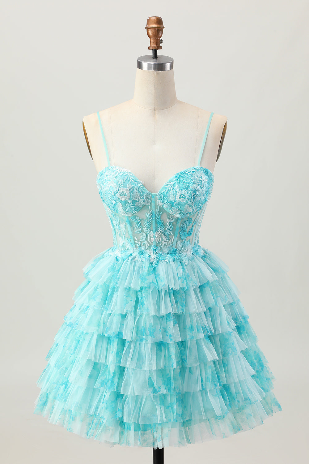 Blue Green Corset Tiered A Line Short Ruffled Homecoming Dress with Appliques