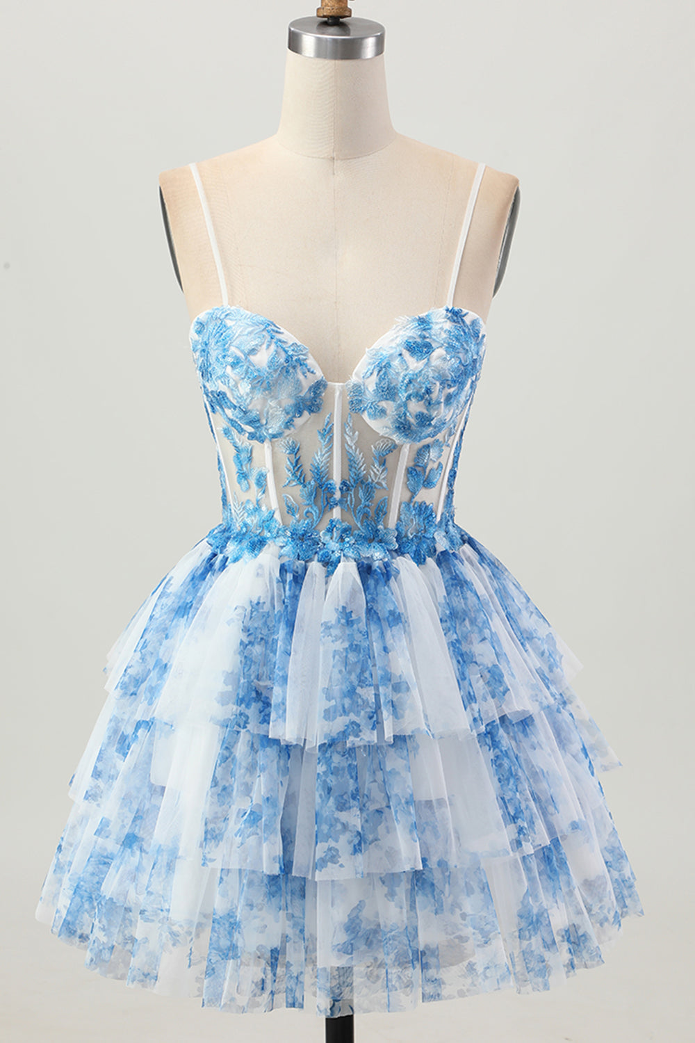 Floral White Blue A Line Tiered Spaghetti Straps Short Corset Homecoming Dress