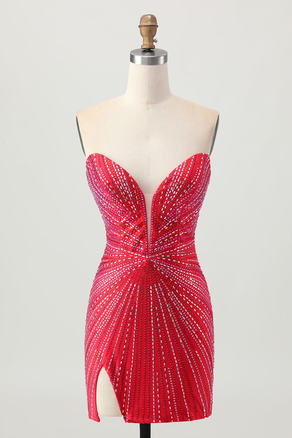 Sparkly Red Tight Short Beaded Homecoming Dress with Slit