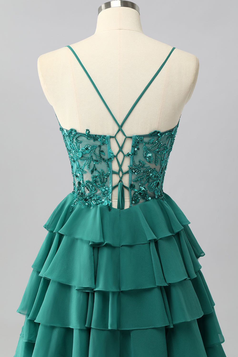 Dark Green A-Line Tiered Short Corset Homecoming Dress with Beading