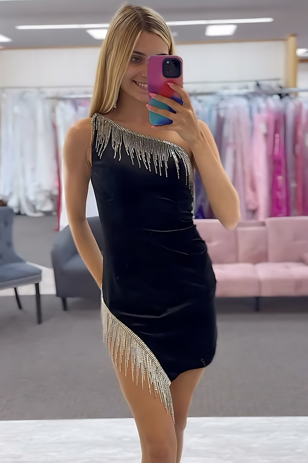 Sparkly Black One Shoulder Bodycon Short Homecoming Dress with Fringe