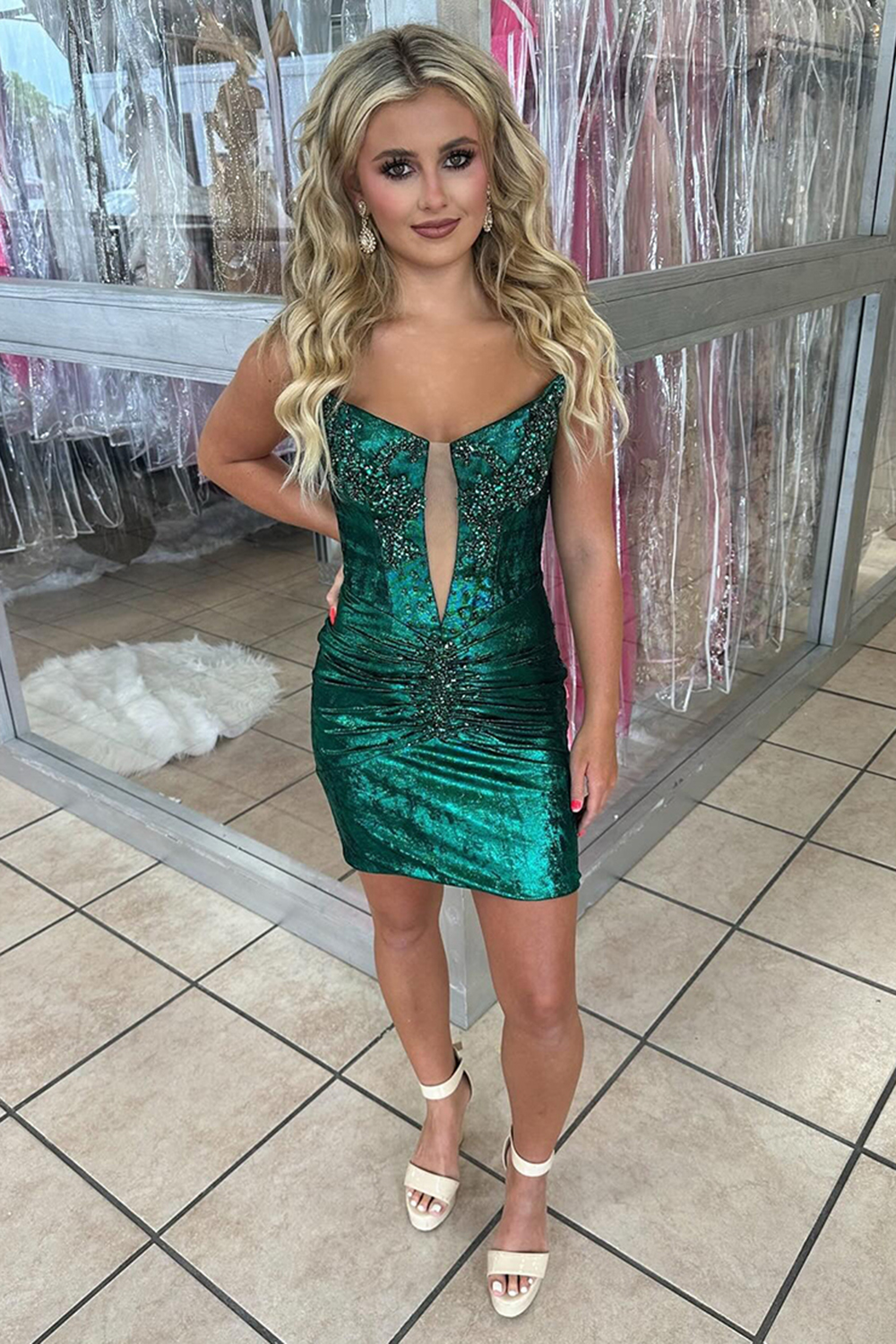 Gold Strapless Ruched Tight Short Homecoming Dress with Beading