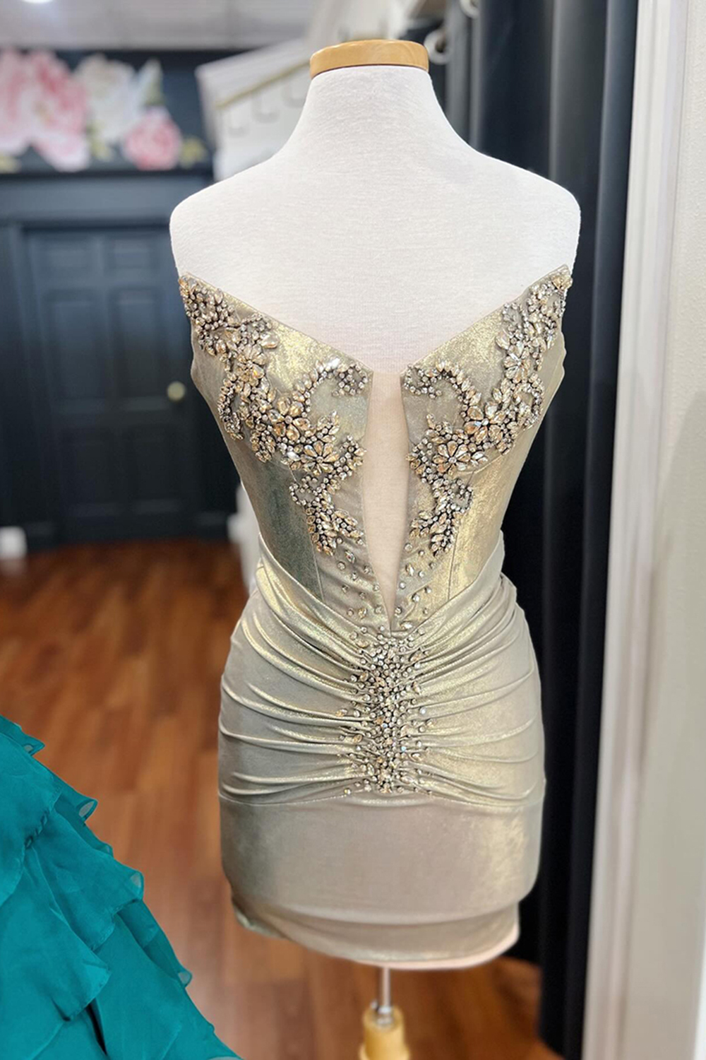 Gold Strapless Ruched Bodycon Short Homecoming Dress with Beading