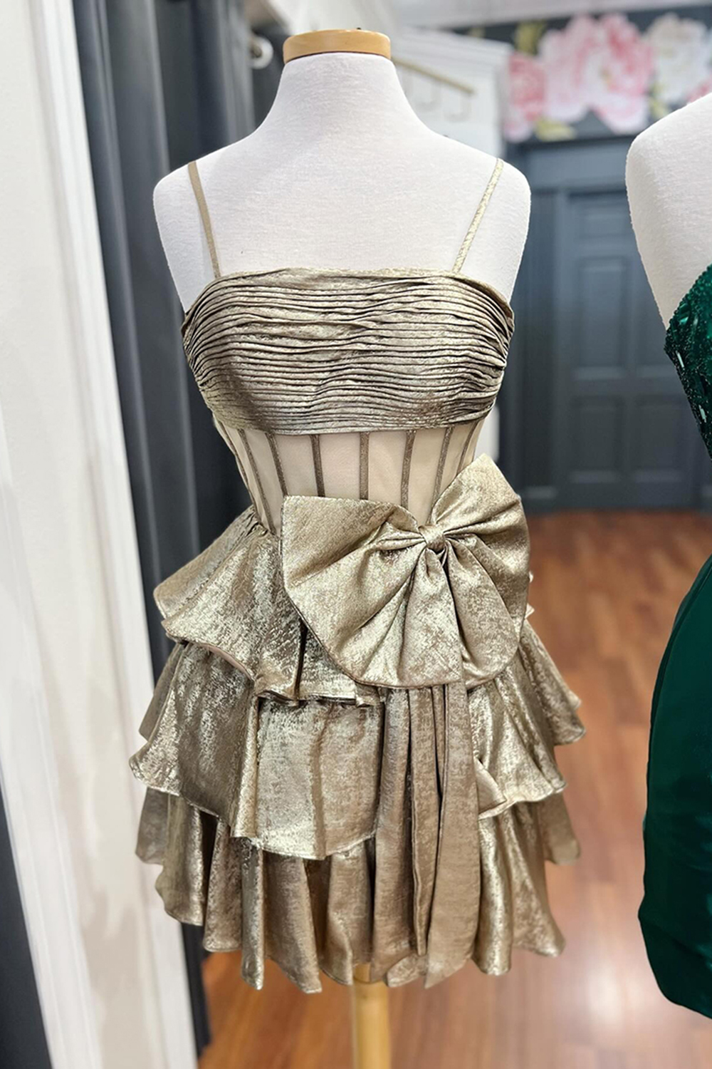 Gold Metallic Tiered A-Line Short Corset Homecoming Dress with Bow