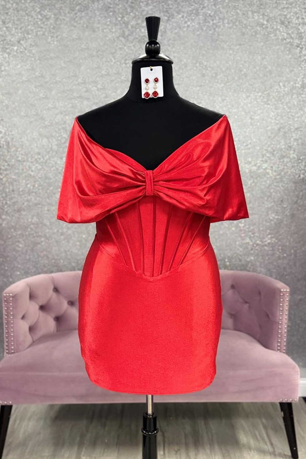 Red Off the Shoulder Satin Short Corset Homecoming Dress with Bow