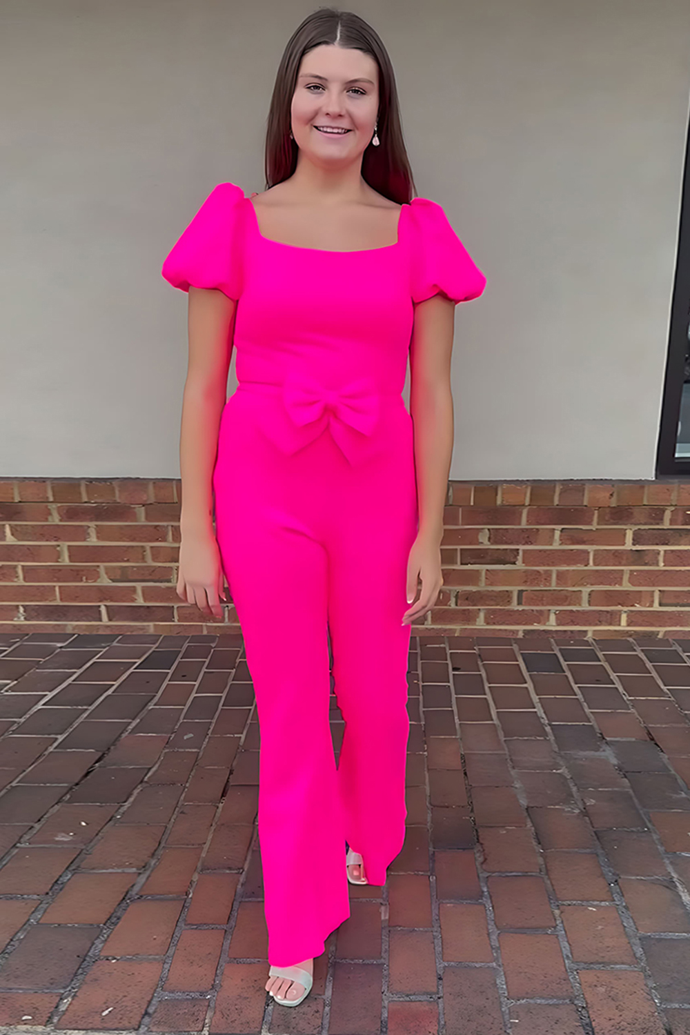 Fuchsia Square Neck Puff Sleeves Homecoming Jumpsuits with Bow
