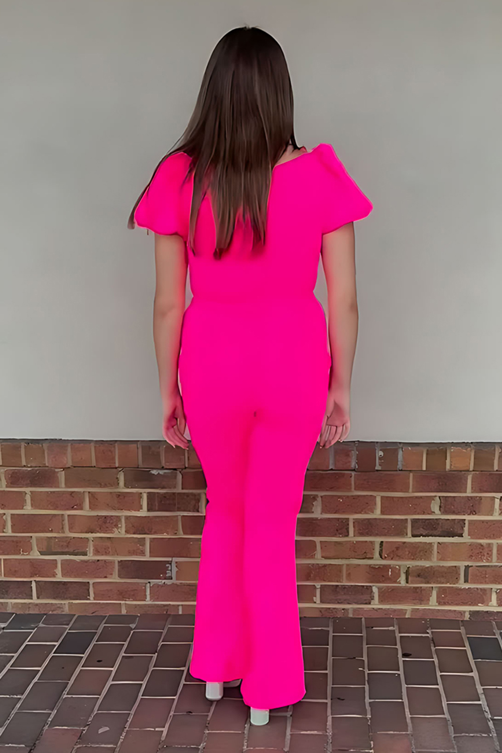Fuchsia Square Neck Puff Sleeves Homecoming Jumpsuits with Bow