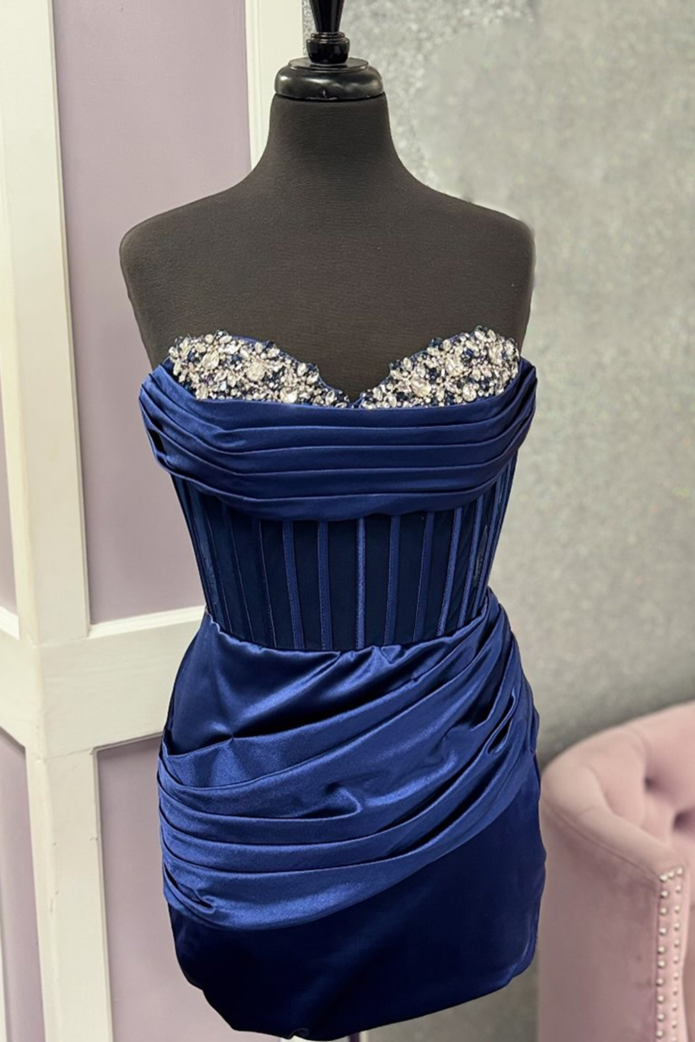Dark Blue Sweetheart Satin Ruched Corset Short Homecoming Dress with Beading