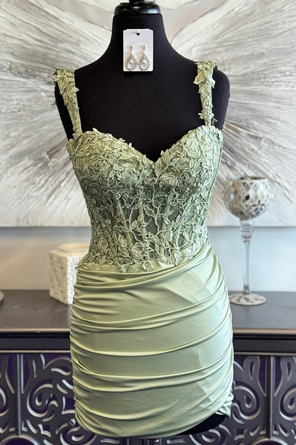 Sage Spaghetti Straps Bodycon Short Corset Homecoming Dress with Appliques