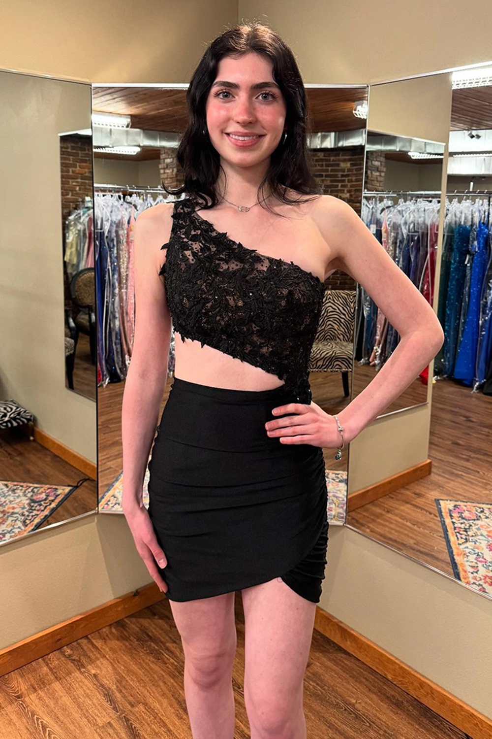 Black One Shoulder Cut-Out Bodycon Short Homecoming Dress with Appliques