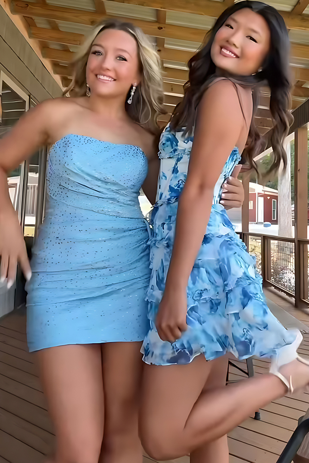 Blue Floral Halter A-Line Ruffled Short Corset Homecoming Dress