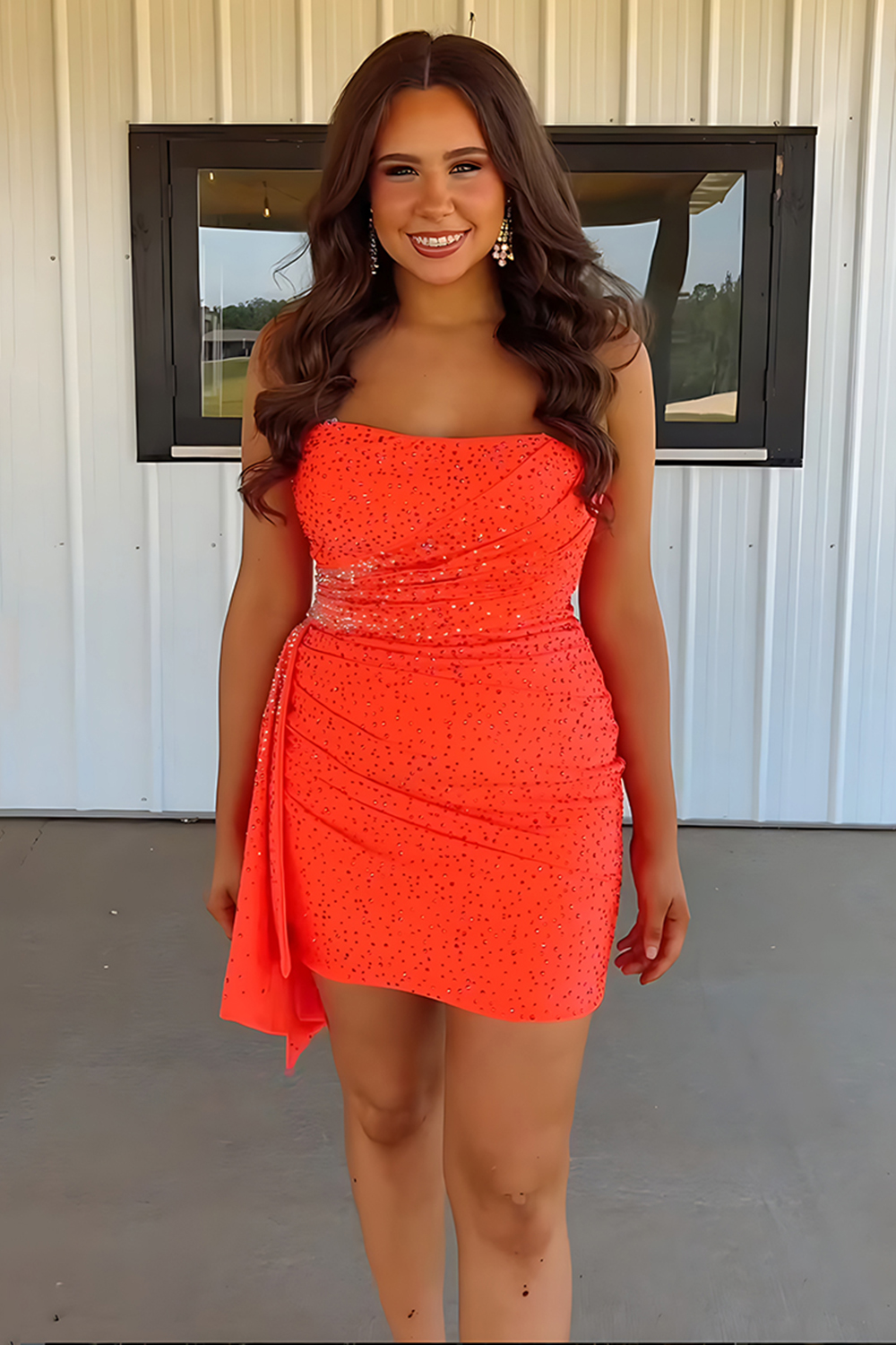 Sparkly Orange Strapless Beaded Short Tight Homecoming Dress with Cape