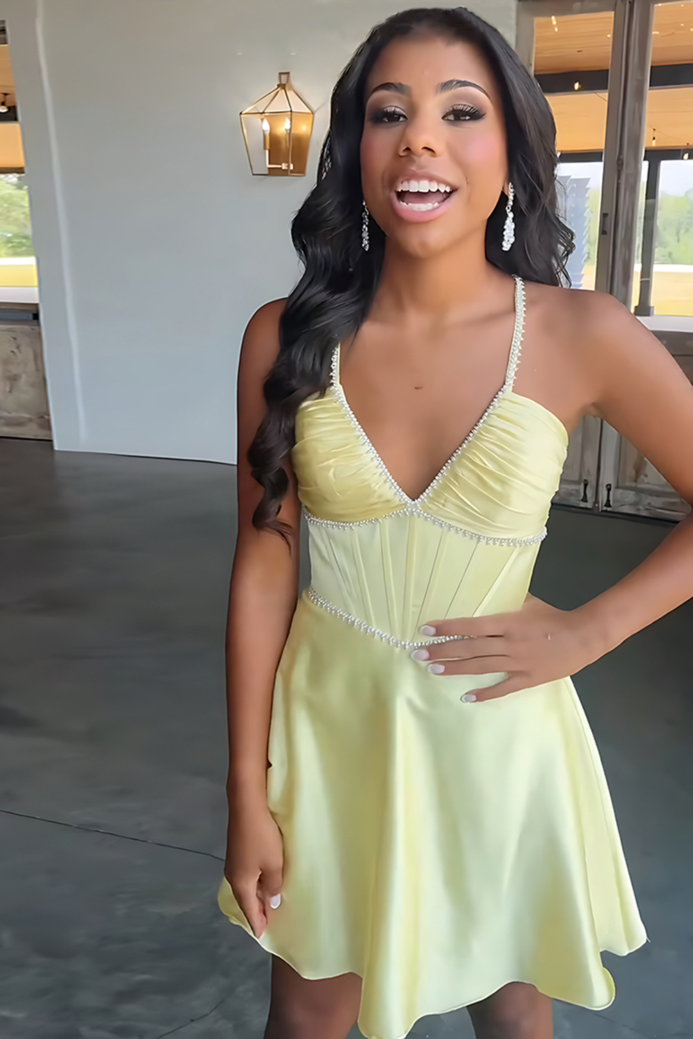 Yellow Halter Satin A-Line Short Corset Homecoming Dress with Beading