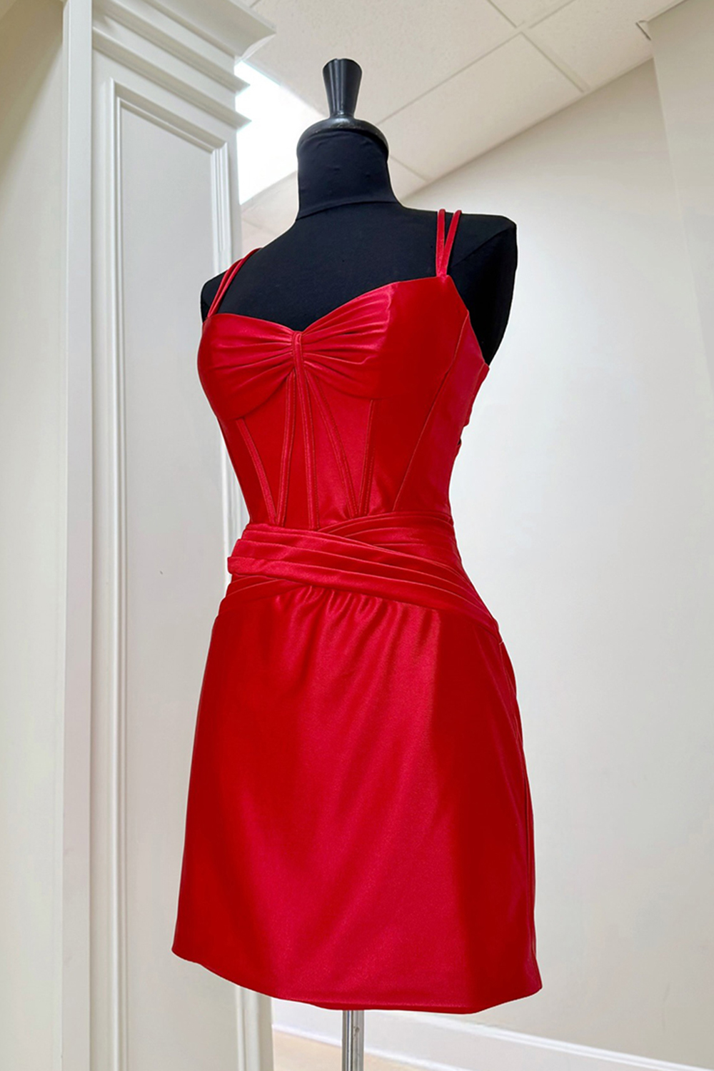 Red Satin Spaghetti Straps Ruched Short Corset Homecoming Dress