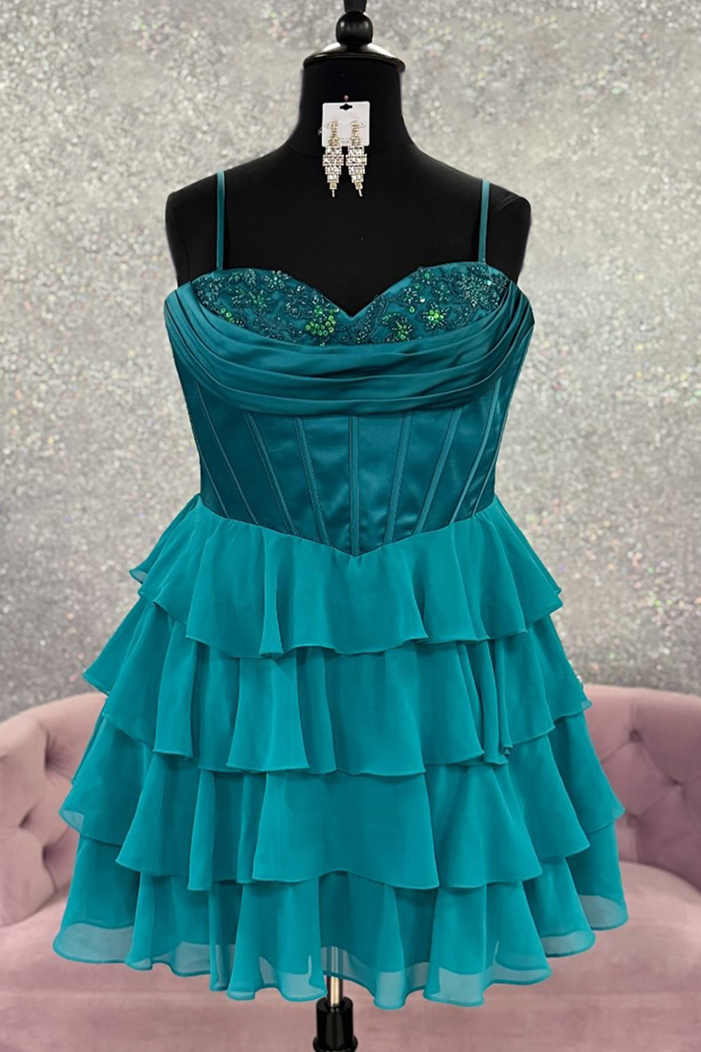 Peacock Green Ruffled A-Line Short Corset Homecoming Dress with Beading