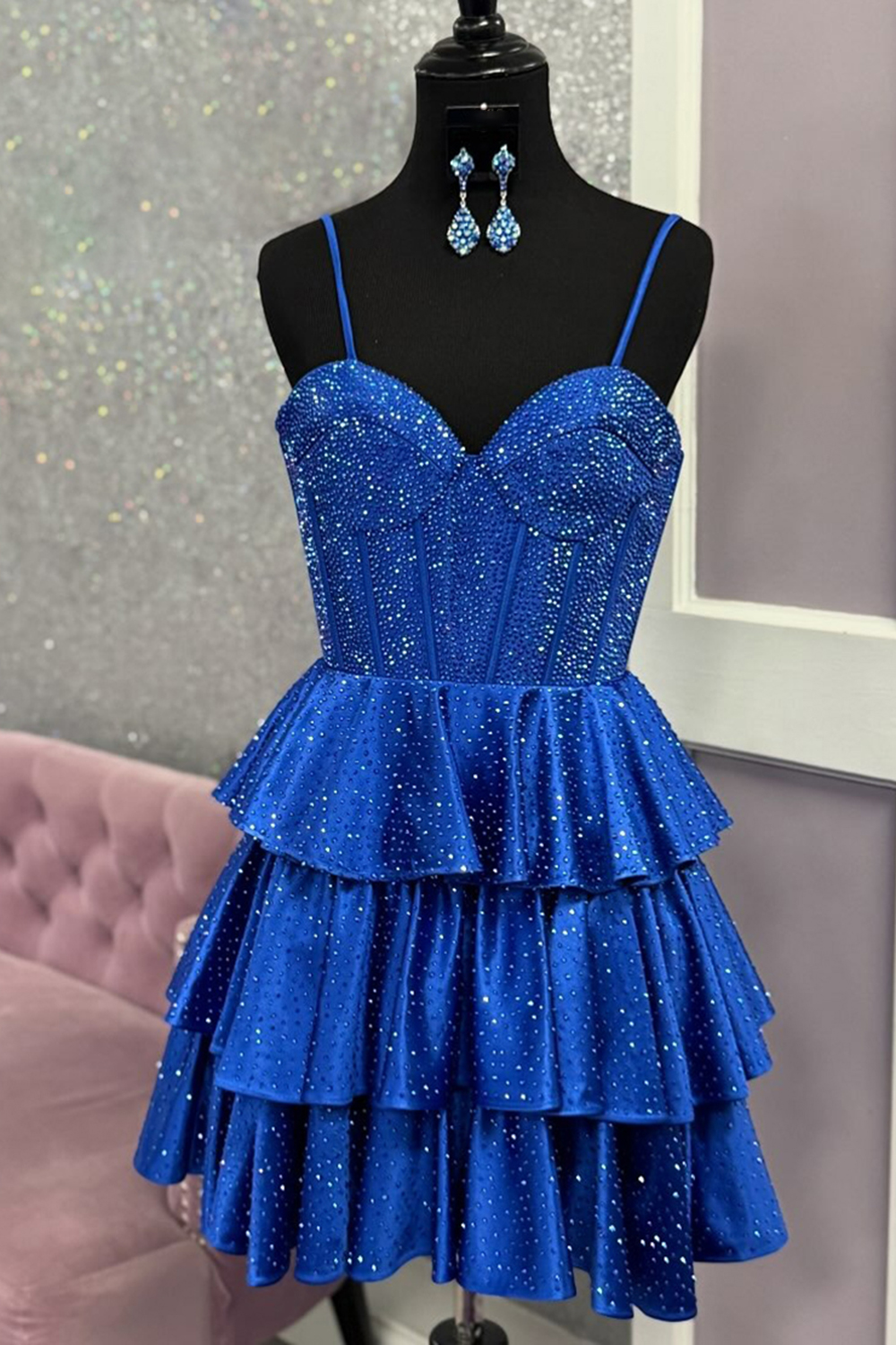 Sparkly Royal Blue Beaded A-Line Ruffled Short Corset Homecoming Dress