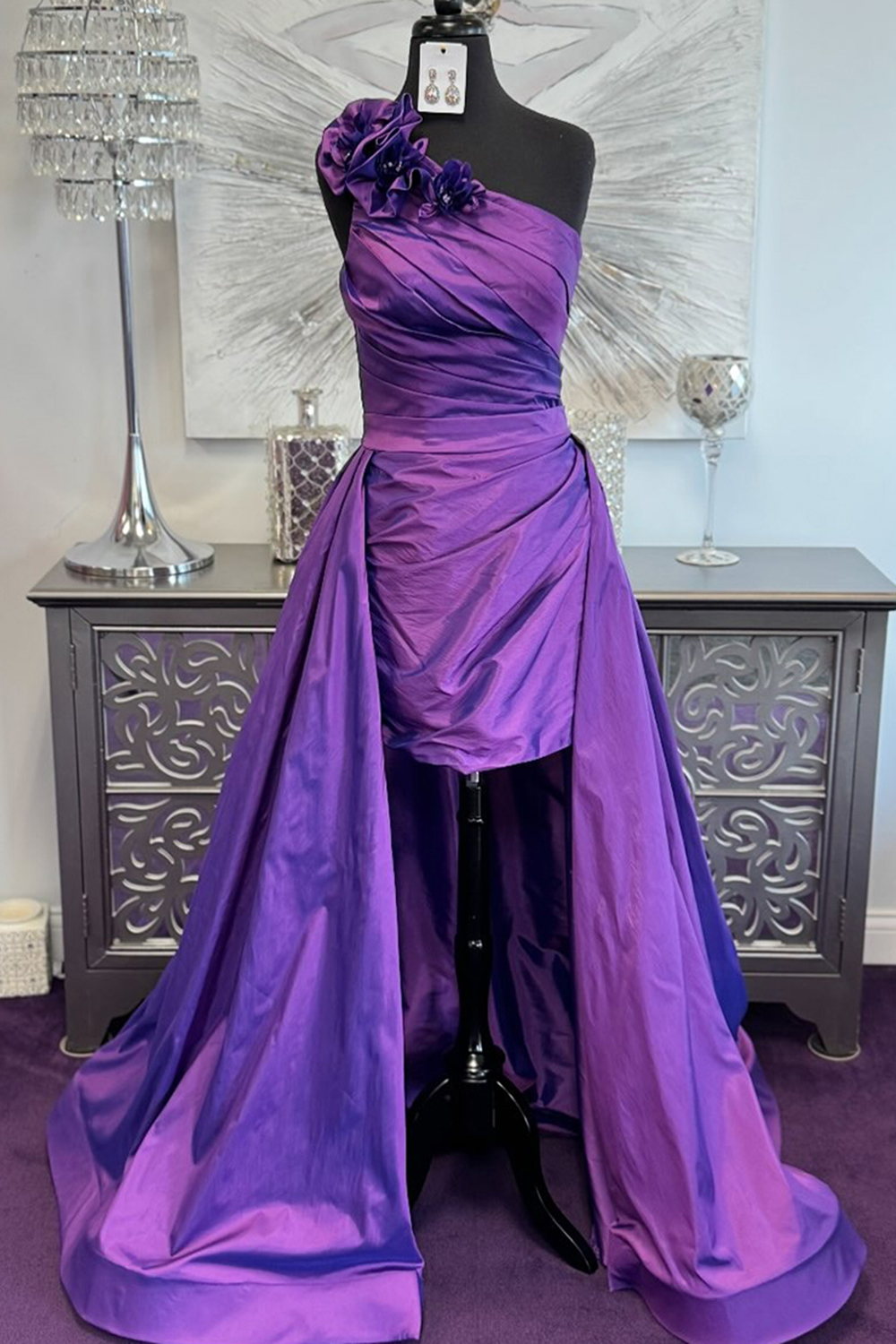 Purple One Shoulder Satin Ruched Short Homecoming Dress with Cape