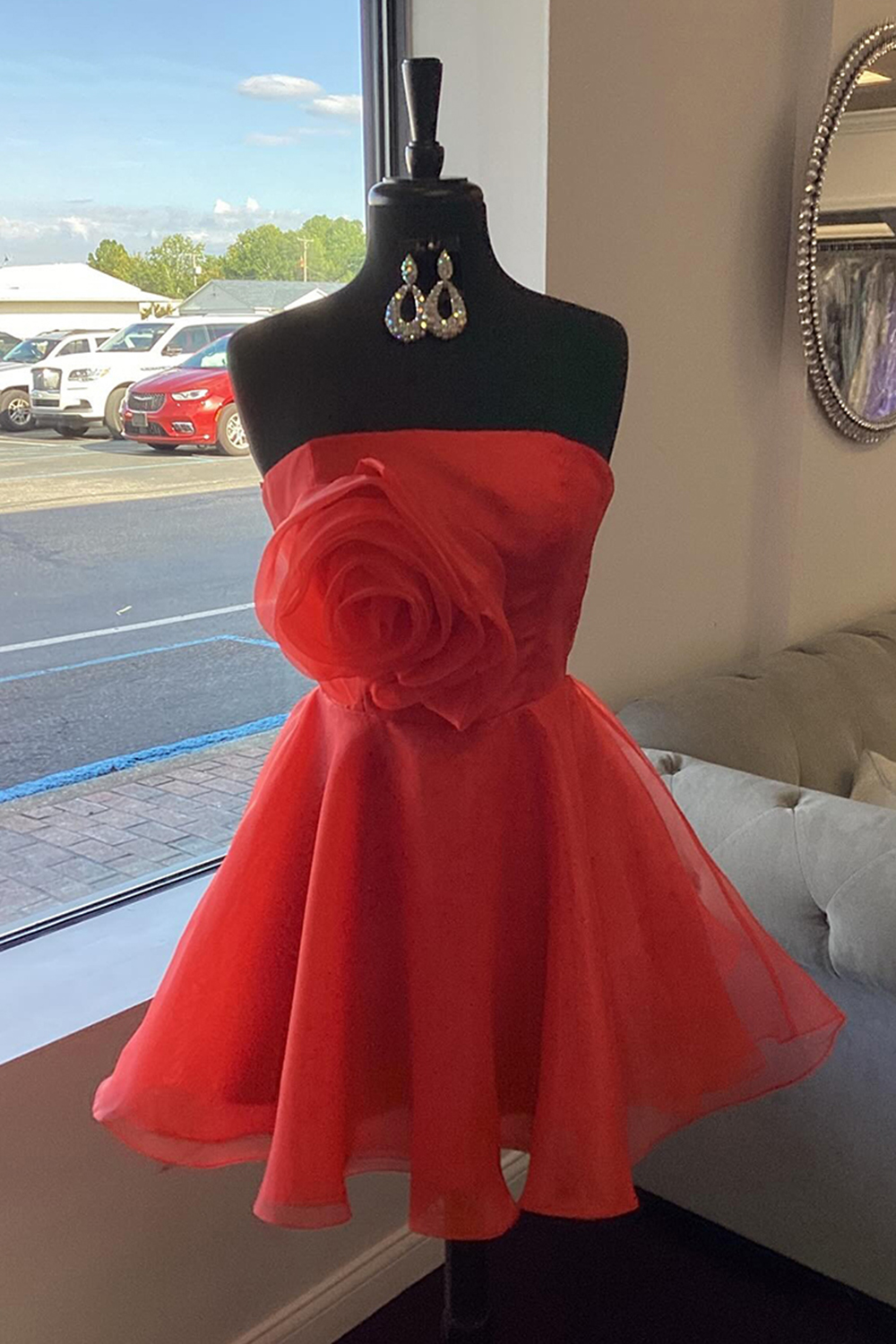 Red Strapless Organza A-Line Short Homecoming Dress with 3D Flower