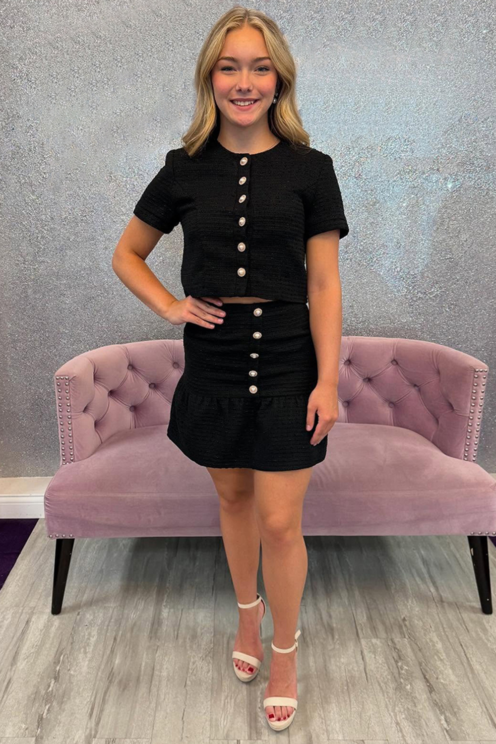 Black Round Neck Two Piece Short Sleeves Short Homecoming Dress